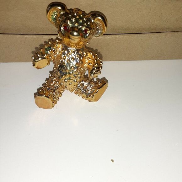 VINTAGE SIGNED Teddy Bear Brooch Heavy Red Rhinestone eyes - Picture 3 of 10